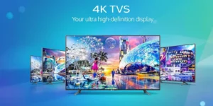 Três TVs 4K modernas com telas brilhantes e design elegante. Imagem gerada por IA para o artigo Melhores TVs 4k