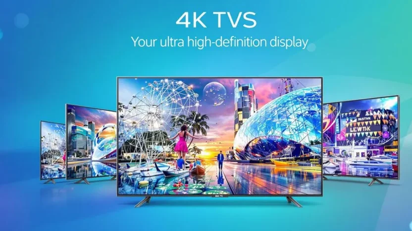 Três TVs 4K modernas com telas brilhantes e design elegante. Imagem gerada por IA para o artigo Melhores TVs 4k